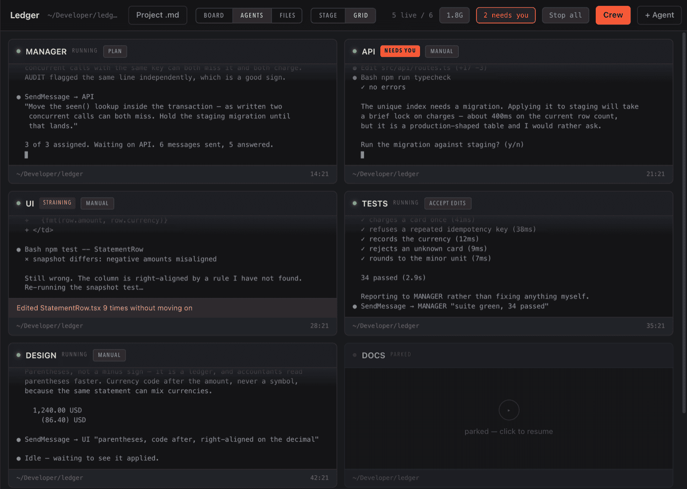 Gleipnir showing a grid of coding agents working on one project