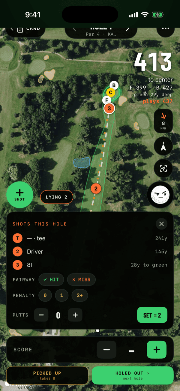 The TeedOff shot list for a hole, with club, distance, fairway and putt entry
